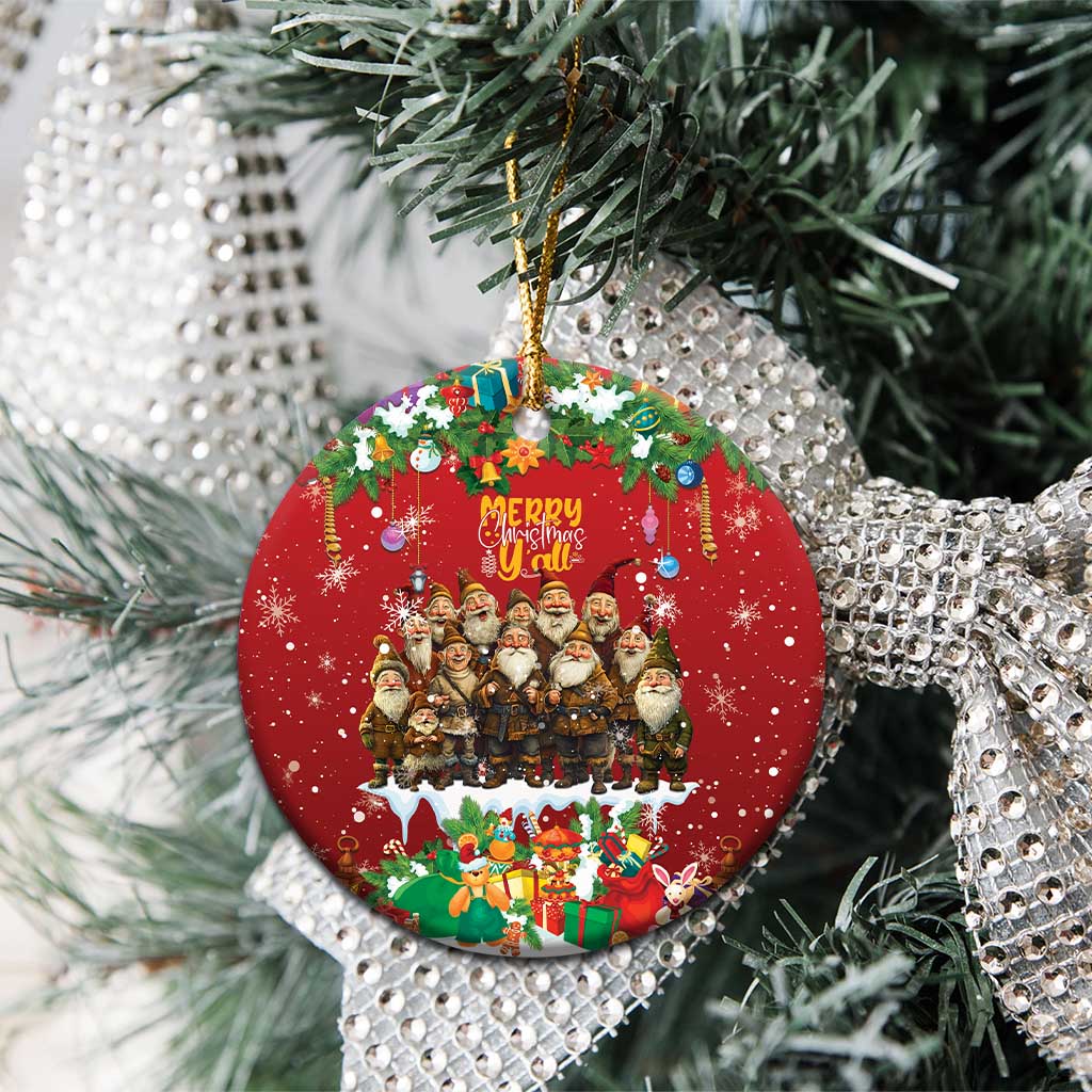 Red round ceramic Christmas ornament hanging on tree, yule lads scene with holiday gifts
