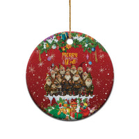 Red round ceramic Christmas ornament with hanging loop, yule lads scene and gift illustration