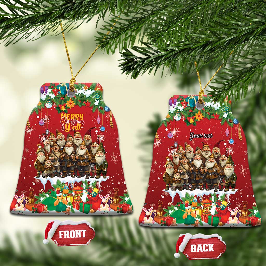 Red Christmas tree-shaped ceramic ornament with hanging loop, yule lads scene and personalized text