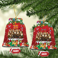 Red Christmas tree-shaped ceramic ornament with hanging loop, yule lads scene and personalized text