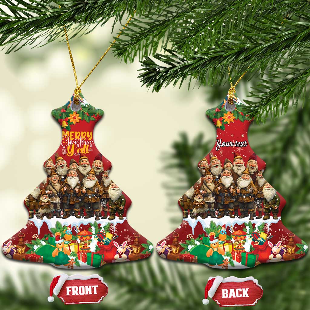 Red Christmas tree-shaped ceramic ornament with hanging loop, yule lads scene and gift illustration