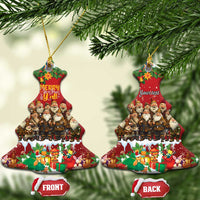 Red Christmas tree-shaped ceramic ornament with hanging loop, yule lads scene and gift illustration