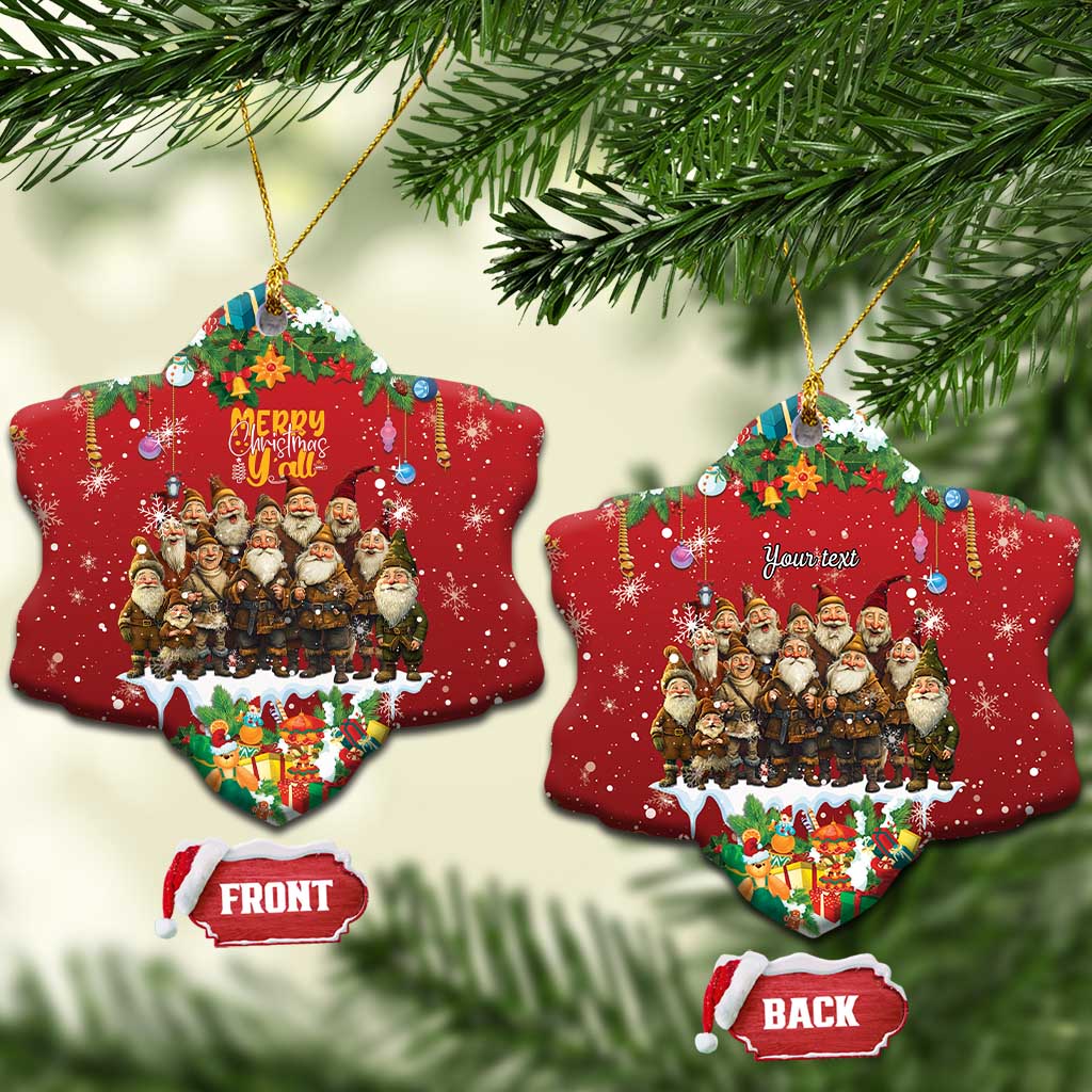 Red snowflake-shaped ceramic ornament with hanging loop, yule lads scene and gift illustration