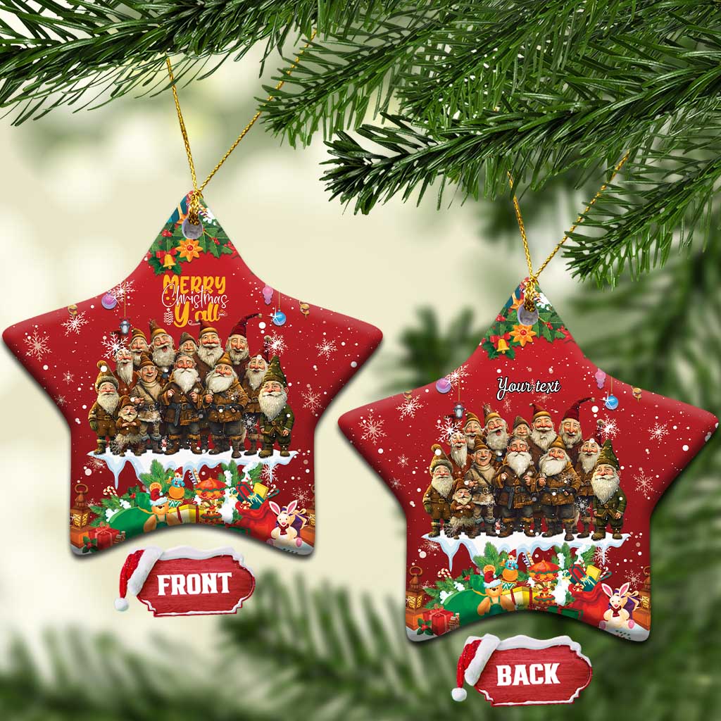 Red star-shaped ceramic Christmas ornament with hanging loop, yule lads scene and holiday gifts