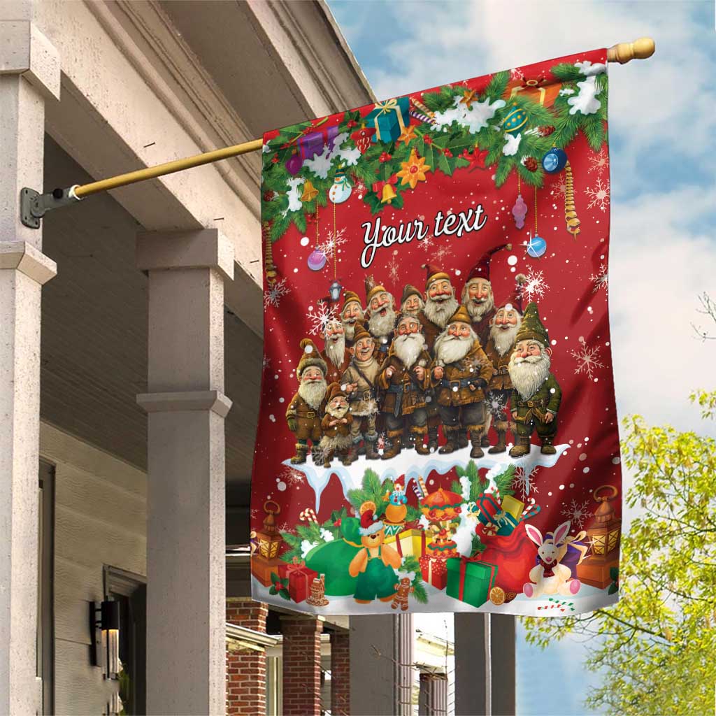 Red personalized garden flag with Santa gnome group, gifts, snow, on hanging pole