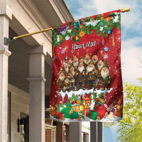 Red personalized garden flag with Santa gnome group, gifts, snow, on hanging pole