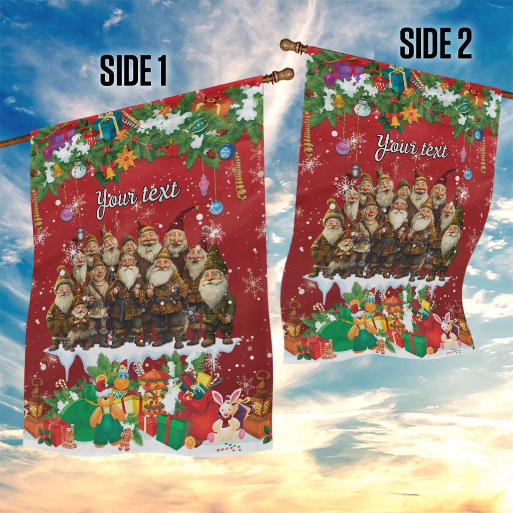Two-sided red personalized garden flag with holiday gnome and gift designs