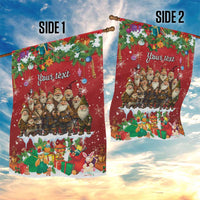 Two-sided red personalized garden flag with holiday gnome and gift designs