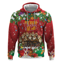 Red zip-up hoodie front with “Merry Christmas” graphic and Santa lineup