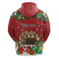 Red zip-up hoodie back with “Your text” and Santa characters under holiday plants