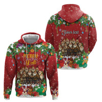 Red zip-up hoodie front shows “Merry Christmas”; back shows “Your text”