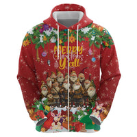 Red zip-up hoodie with prominent “Merry Christmas” artwork and Santa characters