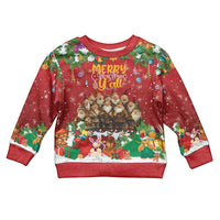Kids red Christmas sweater, front 'Merry Christmas ya' text with elves and gifts