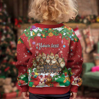 Kids red Christmas sweater, back 'Your text' print with Santa and holiday animals
