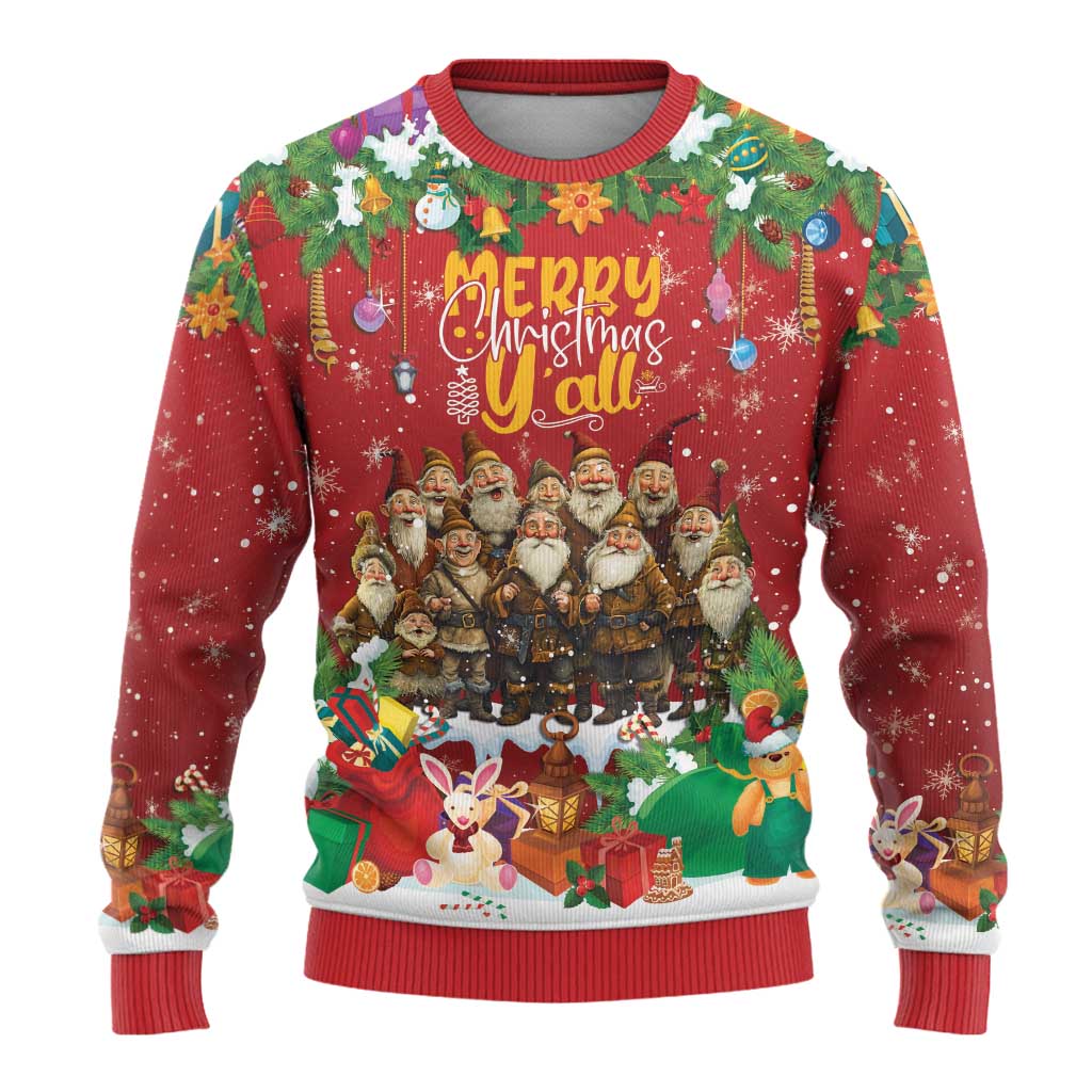 Red ugly Christmas sweater with “Merry Christmas Y’all” front graphic, festive toys and characters