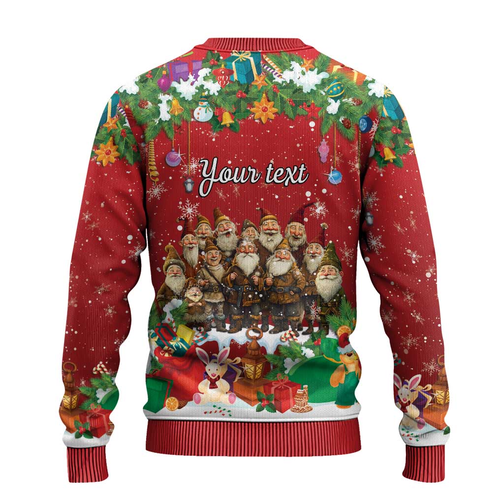 Red ugly Christmas sweater back view with “Your text” script and cartoon holiday gnomes
