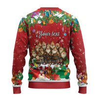 Red ugly Christmas sweater back view with “Your text” script and cartoon holiday gnomes