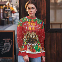 Red holiday ugly Christmas sweater on model, front graphic of gnomes, “Merry Christmas Y’all”