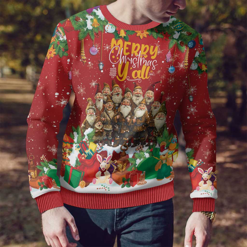 Red ugly Christmas sweater on model with “Merry Christmas Y’all” front print and cartoon gnomes
