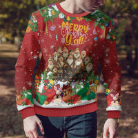 Red ugly Christmas sweater on model with “Merry Christmas Y’all” front print and cartoon gnomes