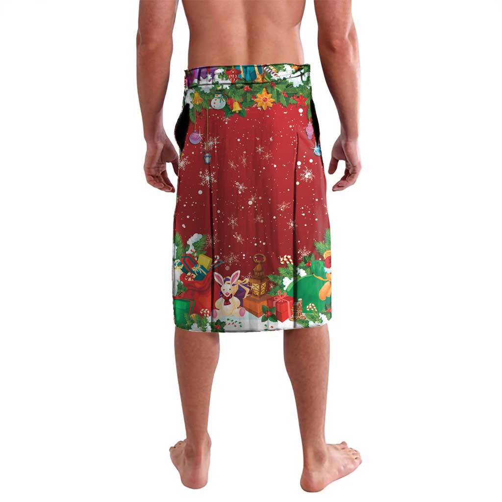 Red holiday printed shorts with snowflake stars, green patterned hem and elastic waist