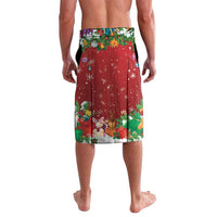 Red holiday printed shorts with snowflake stars, green patterned hem and elastic waist