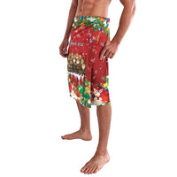 Red holiday printed shorts with cartoon figures and bunny, green top border