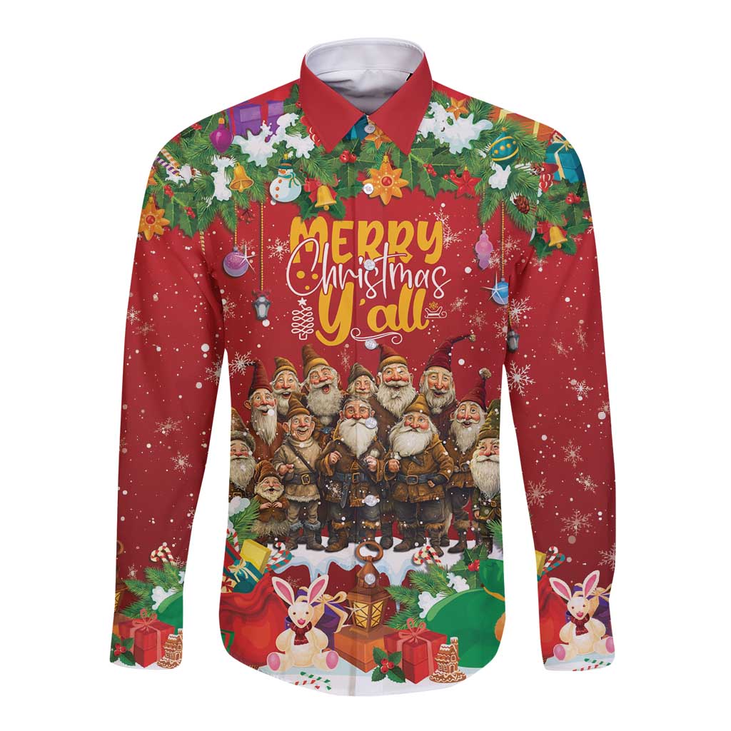 Unisex red long-sleeve button shirt with front holiday gnome graphic, 'Merry Christmas'.