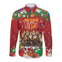 Unisex red long-sleeve button shirt with front holiday gnome graphic, 'Merry Christmas'.