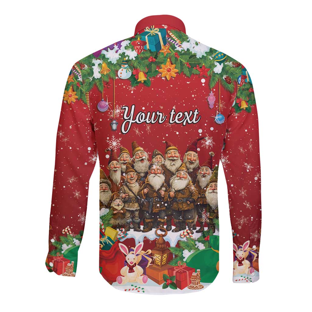 Unisex red long-sleeve button shirt with back 'Your text' holiday gnome graphic and snowflakes.