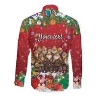 Unisex red long-sleeve button shirt with back 'Your text' holiday gnome graphic and snowflakes.