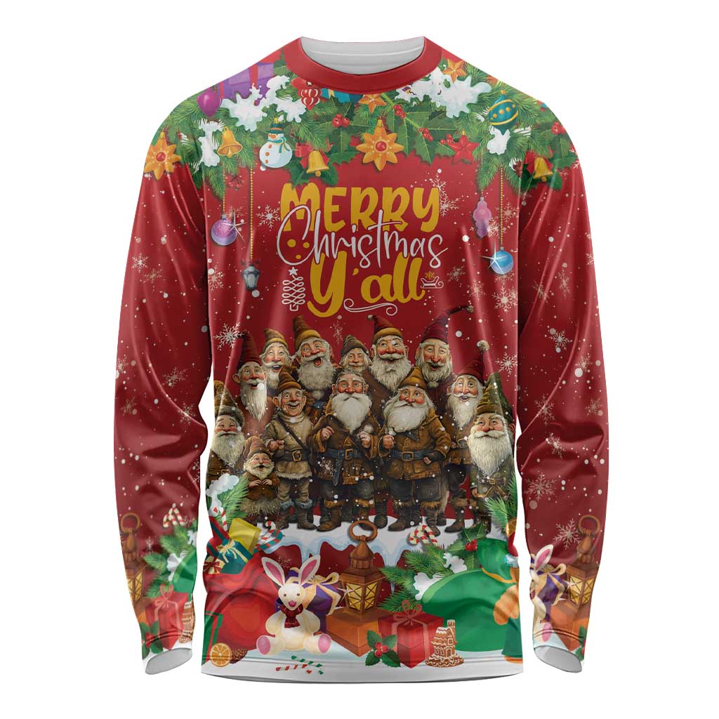 Red unisex long sleeve shirt with Merry Christmas graphic and group of Yule characters