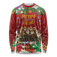Red unisex long sleeve shirt with Merry Christmas graphic and group of Yule characters