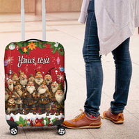 Red personalized luggage cover with festive gnomes and 'Your text' on the front