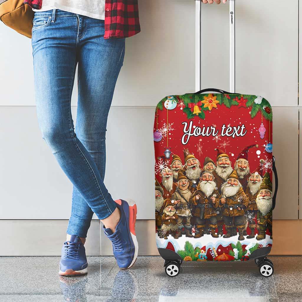Red wheeled luggage cover showing holiday gnomes and 'Your text' on the front