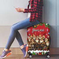 Red suitcase cover with 'Your text' and rows of bearded gnomes on the front