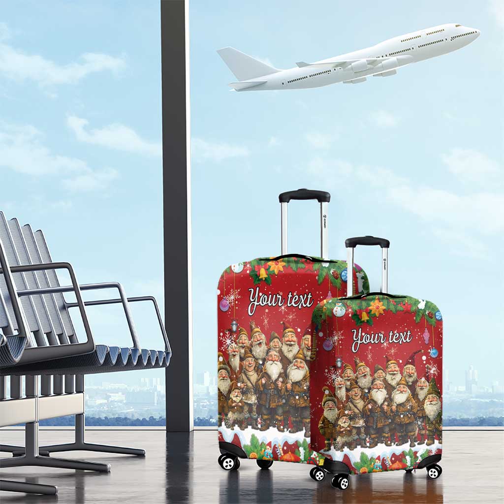 Red personalized luggage cover set with 'Your text' gnome artwork on wheeled suitcases