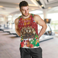 Red men’s tank top with festive holiday characters and “Merry Christmas all” print