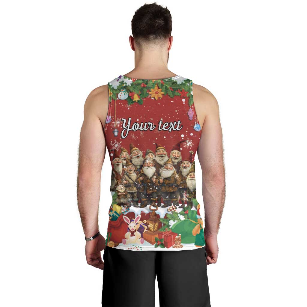 Red men’s tank top, back print with “Your text” and holiday character scene