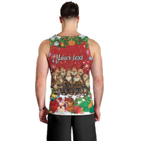 Red men’s tank top, back print with “Your text” and holiday character scene