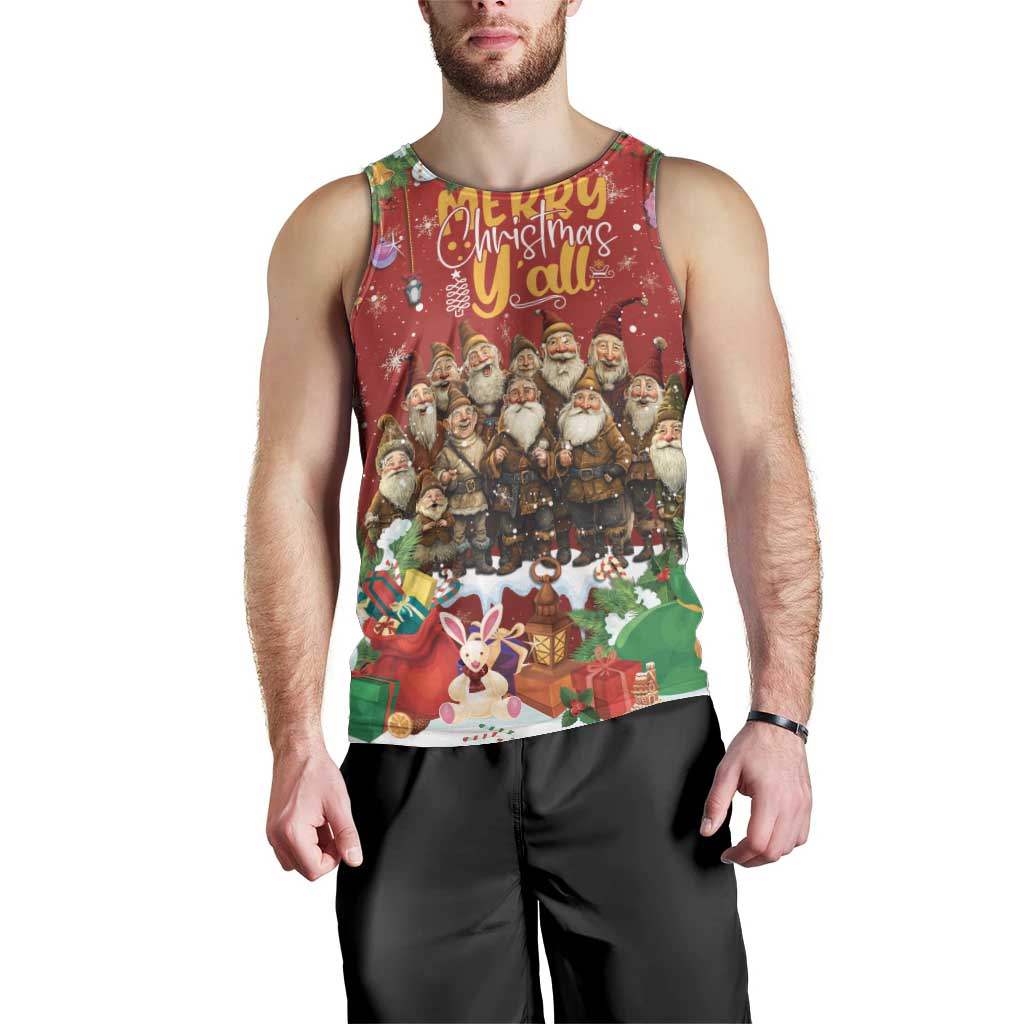 Red men’s tank top with front holiday character scene and “Merry Christmas all” text