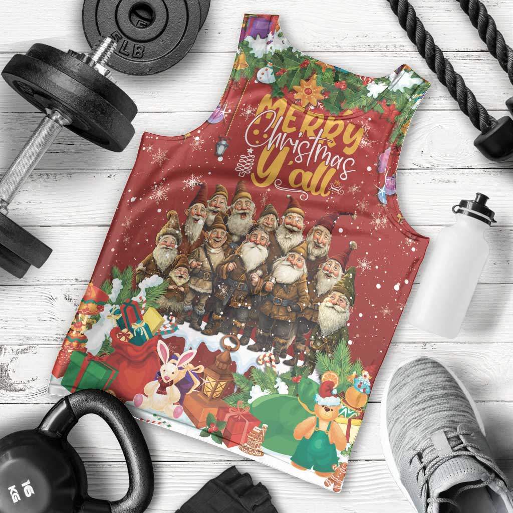 Red sleeveless tank top with front holiday graphic, “Merry Christmas all” and gifts