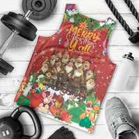 Red sleeveless tank top with front holiday graphic, “Merry Christmas all” and gifts