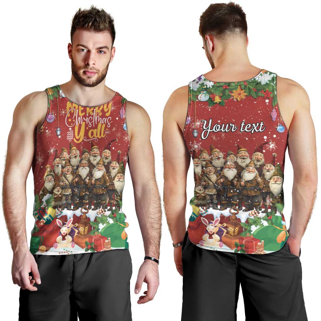 Red men’s tank top, front and back views with holiday characters and “Your text”