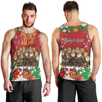 Red men’s tank top, front and back views with holiday characters and “Your text”