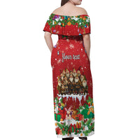 Red off-shoulder maxi dress with ruffle neckline, Christmas scene print, 'Your text' on back