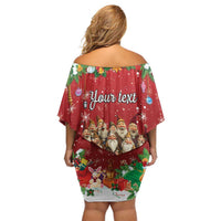 Women's red off-shoulder short dress, back view with 'Your text' and holiday graphic