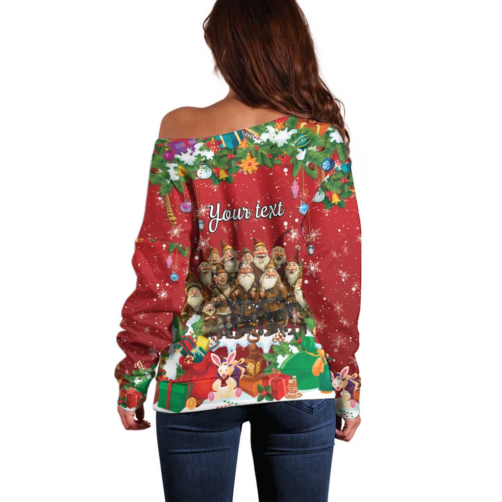 Women’s red off-shoulder sweater back with 'Your text' and Christmas character print