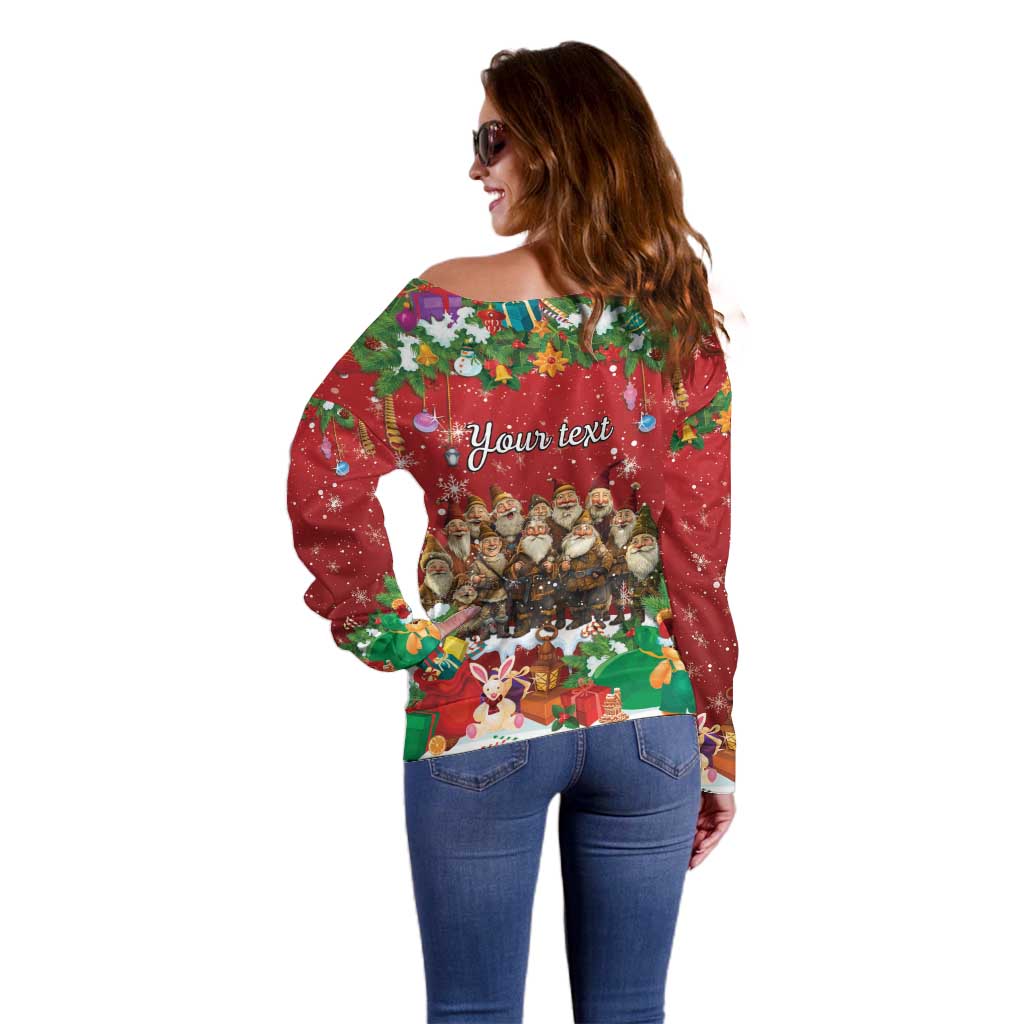 Women’s red off-shoulder sweater back view with 'Your text' and festive scene print
