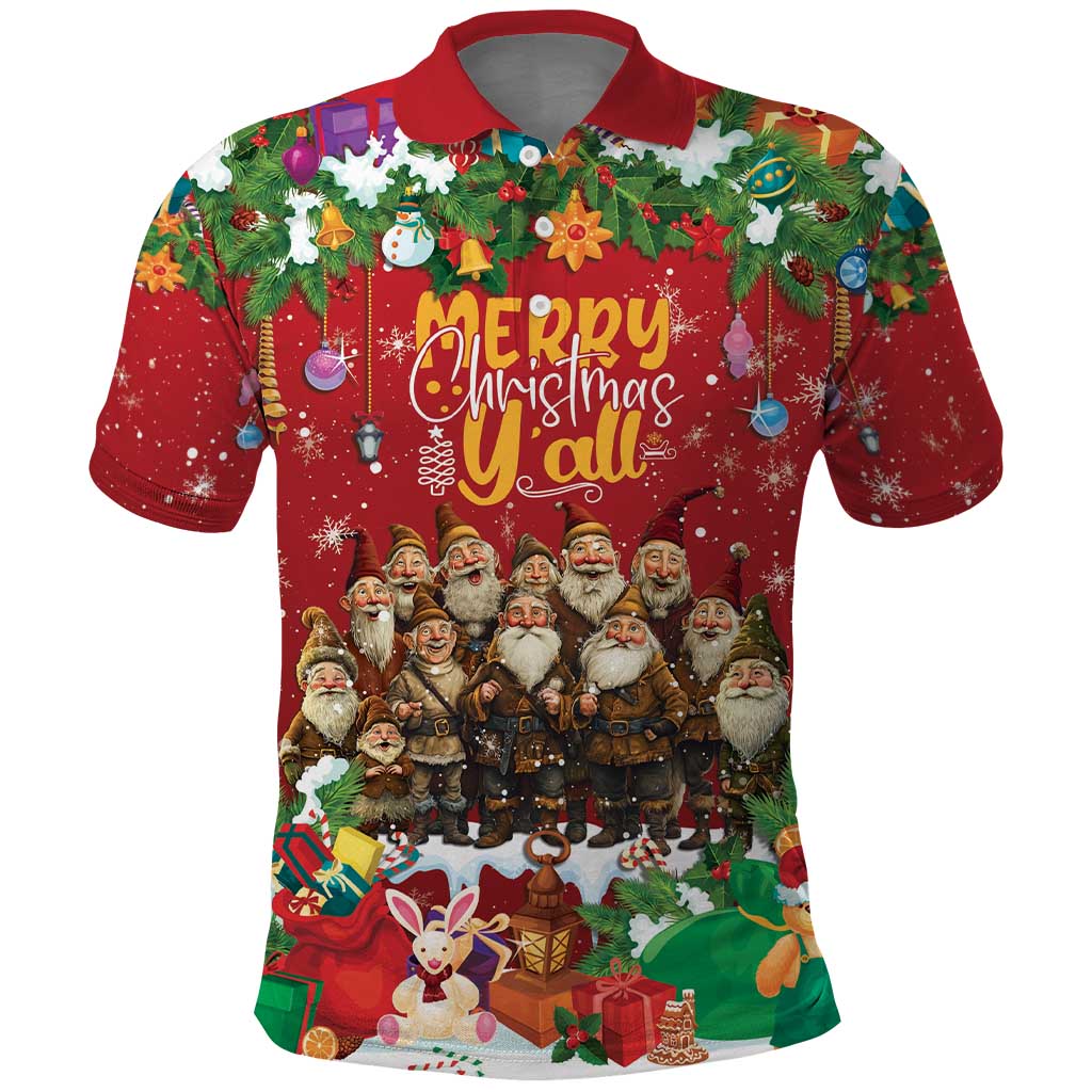 Red festive polo shirt with Christmas characters and 'Merry Christmas all' graphic